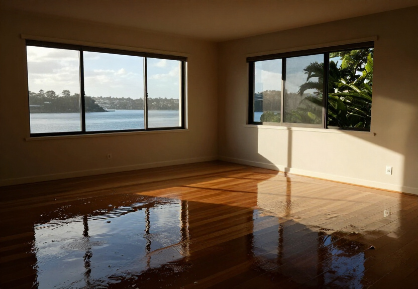 Flooded living room in Dundas before restoration